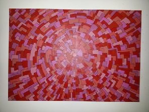 image of a painting titled Study in Red by Lucy Chaplin. It is an abstract painting featuring different shades of red, textures and shapes.