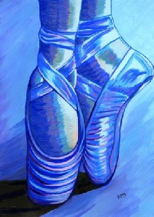 image of the painting Blue Ballet Slippers by mouth painting artist Rosie Moriarty Simmonds. The picture shows a pair of blue ballet pumps en pointe.